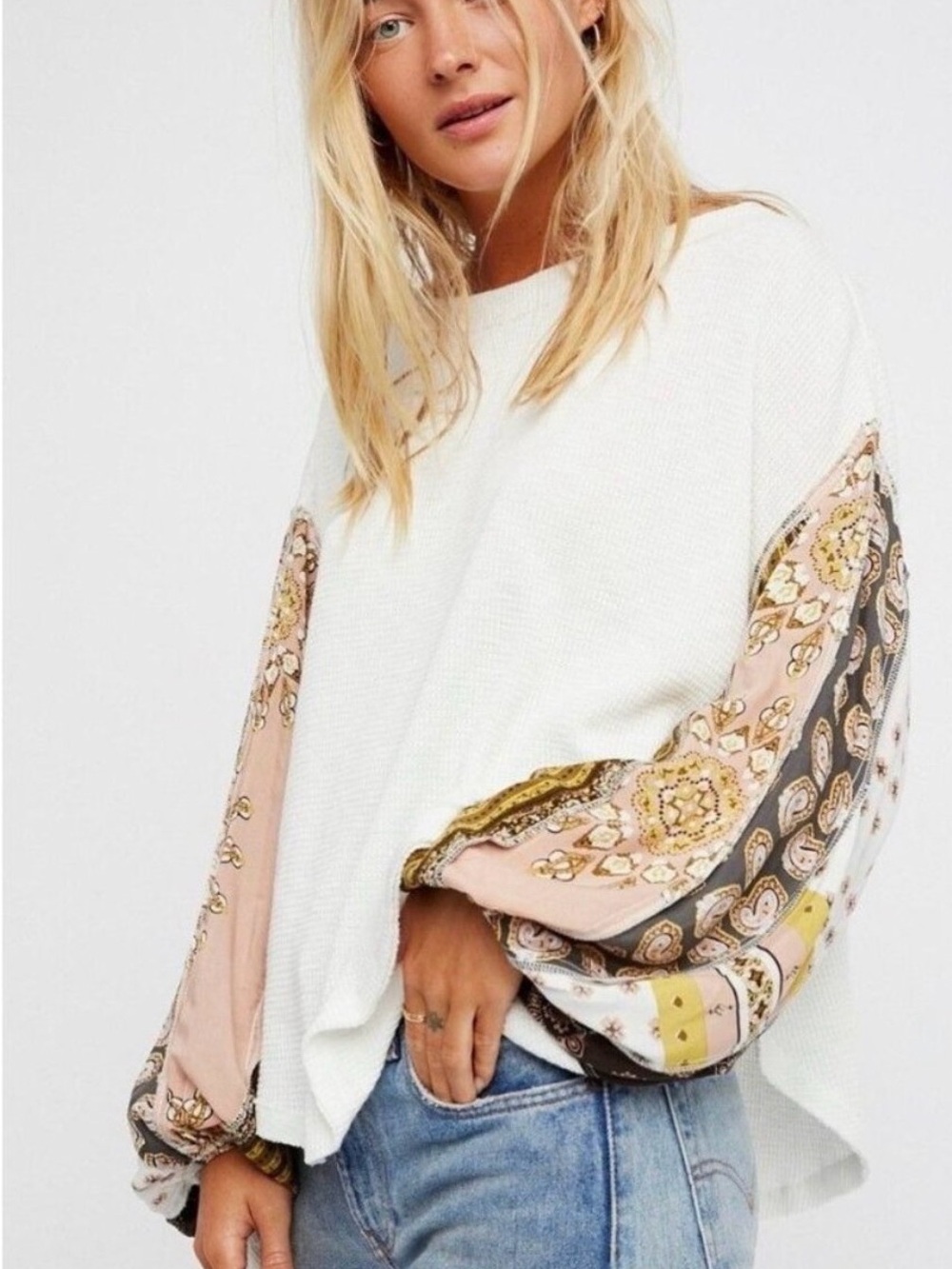 We the Free by Free People Blossom Boho Mixed-Print Sleeve Knit Top
